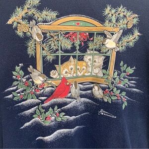 Vintage Kittens Cardinals Birds Crewneck Sweatshirt 3X Morning Sun 90s Sweater